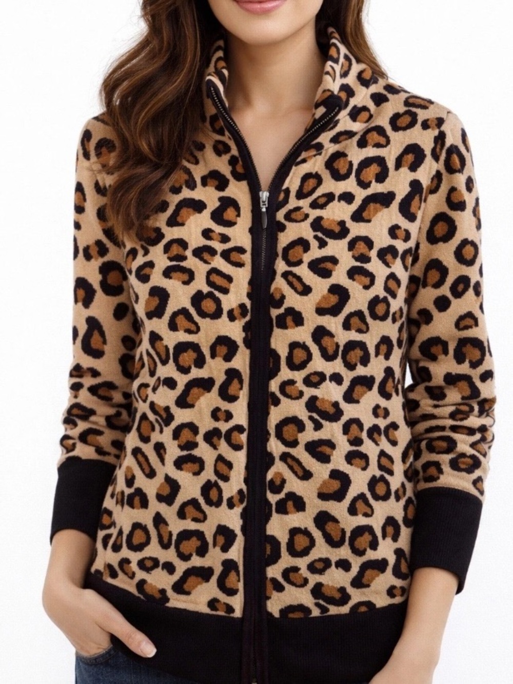 RACHEL ZOE Mock Neck Leopard Zip Cardigan Sweater Size Large Tan Brown Luxury